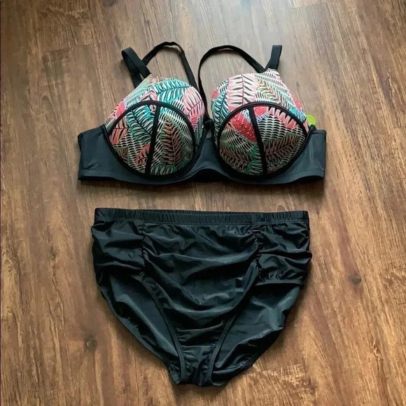 Bikini Boutique Black Leaf Print Swim Top, Brief 3X NWT - Picture 1 of 11